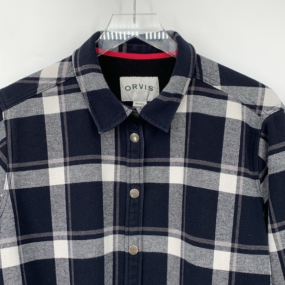 Orvis Fleece lined shirt top shacket navy blue white plaid warm Snap pockets XXL - Picture 2 of 5